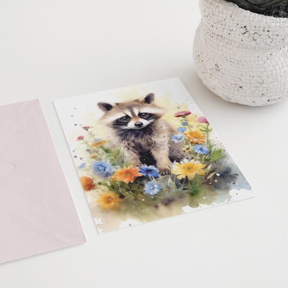 Watercolor Floral Raccoon Wall Art Illustration Print Poster Card Unframed - Picture 6 of 6